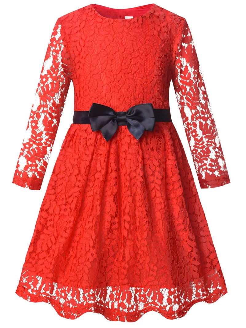 Bonny Billy Girls Long Sleeve Midi Lace Christmas Dress with Bow Sash 7-8 Years Red - Image 3